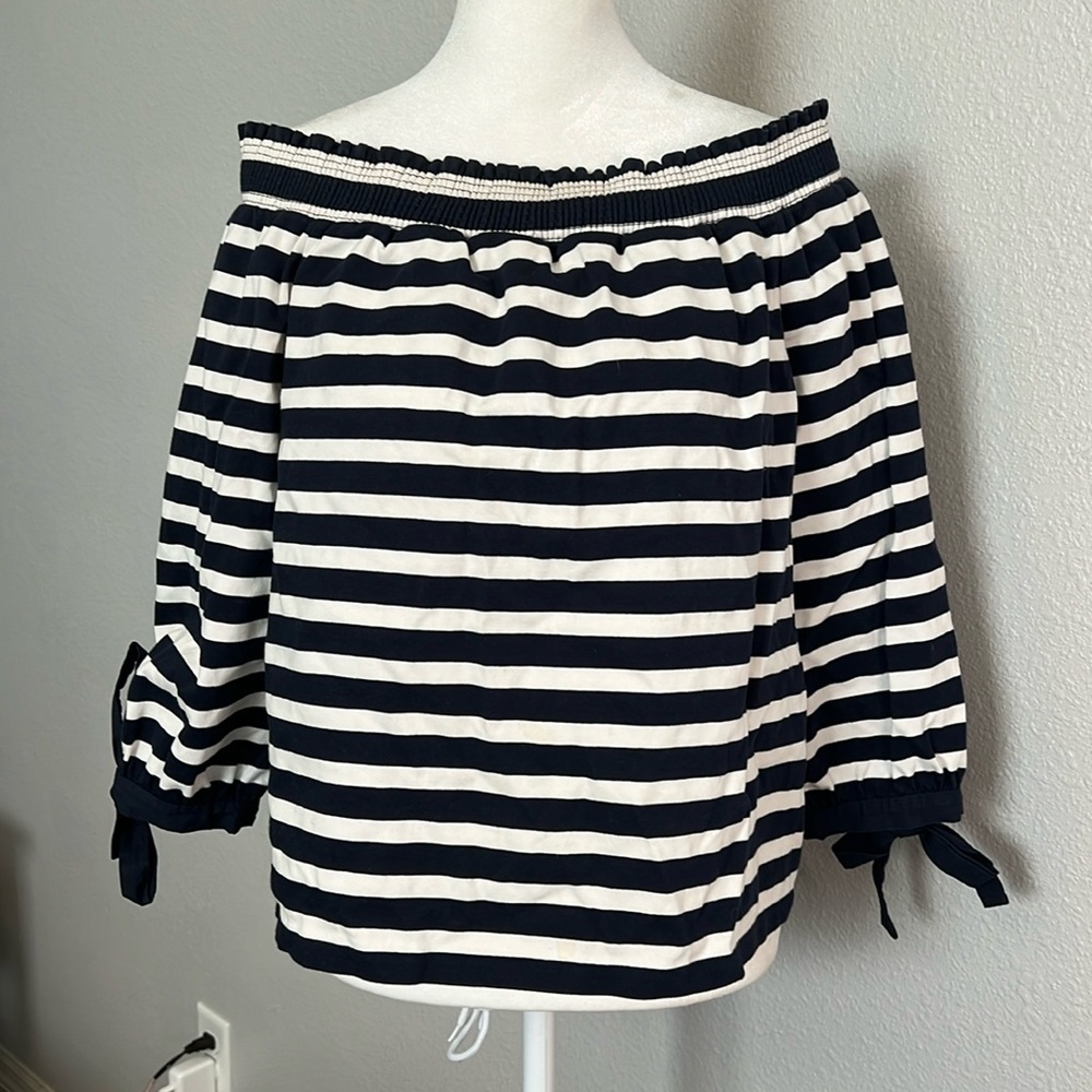 JCrew Off Shoulder Tie Sleeve Navy/White Striped Top Size Medium